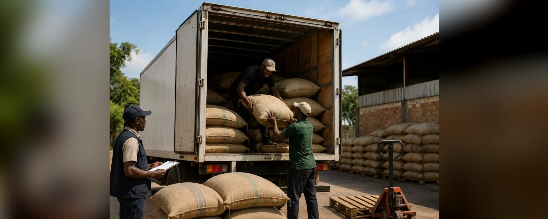 Chargement de sacs de marchandises sur un camion sous supervision